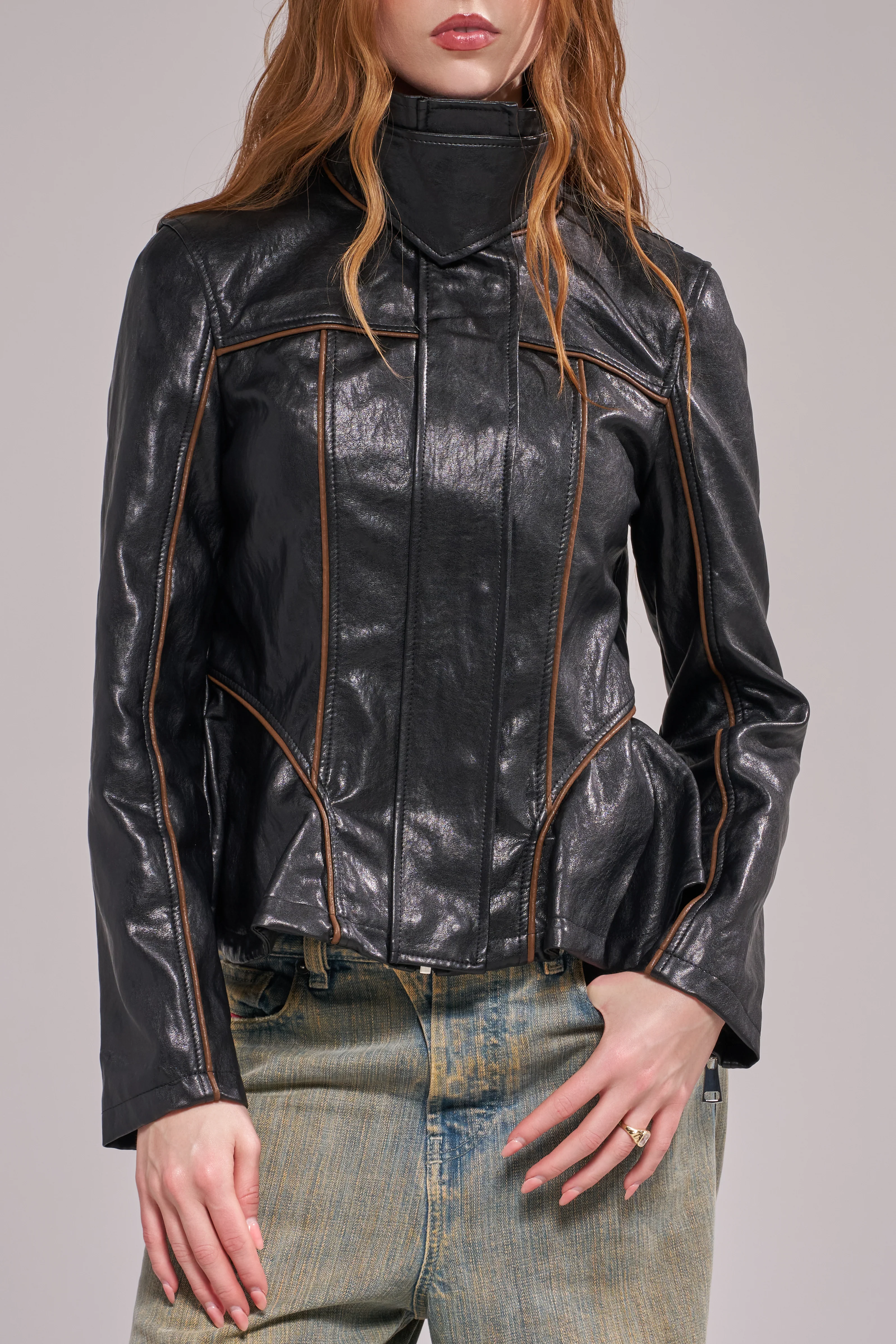 ALLY-BLACK HIGH COLLAR FUNNEL NECK PEPLUM MOTO JACKET - Image 2