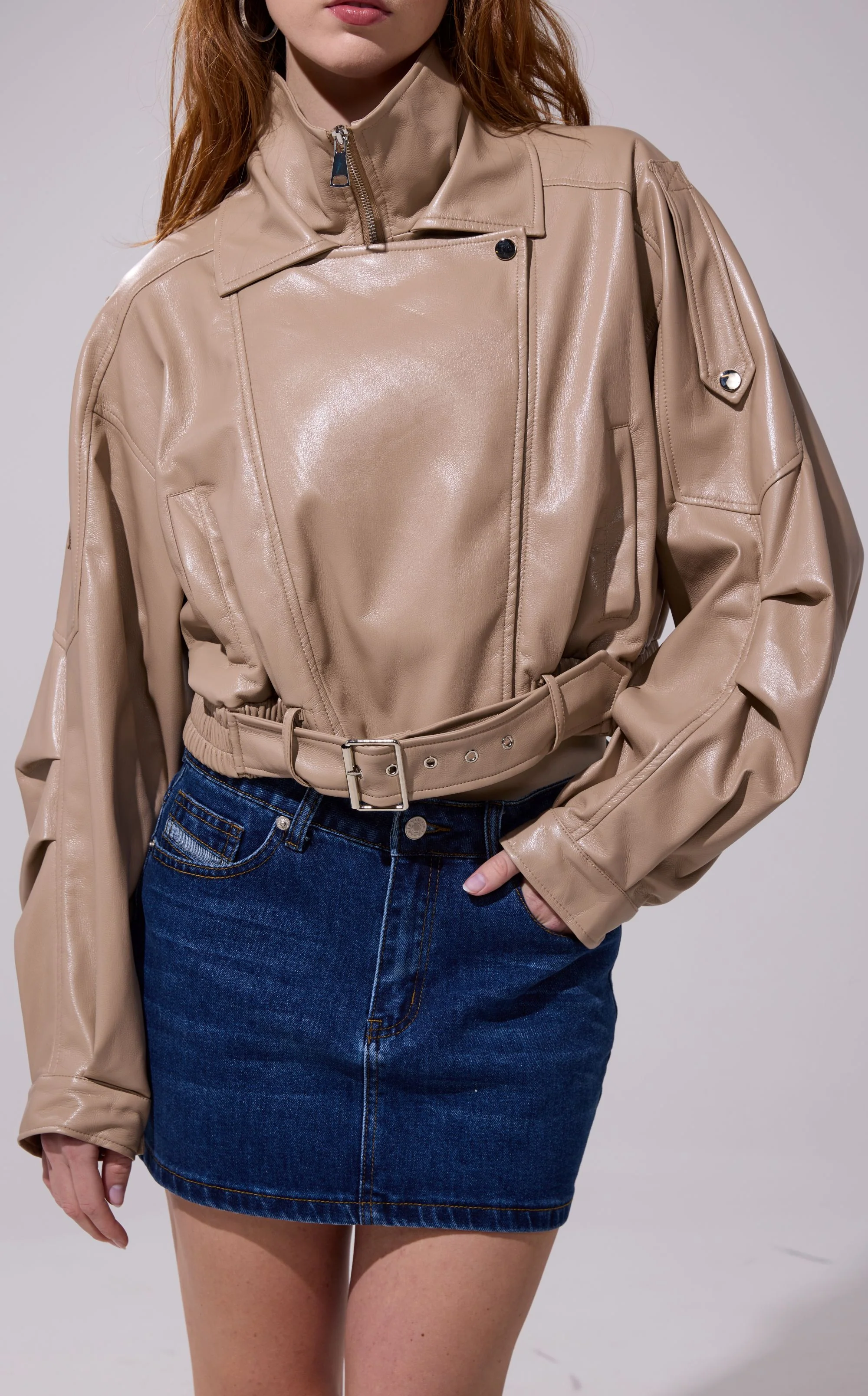 PAPOOSE-BEIGE BUTTER LEATHER MOTO JACKET